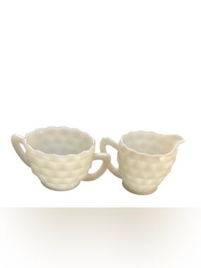 Vintage White Milk Glass Creamer and Sugar Set Cubist Diamond Point